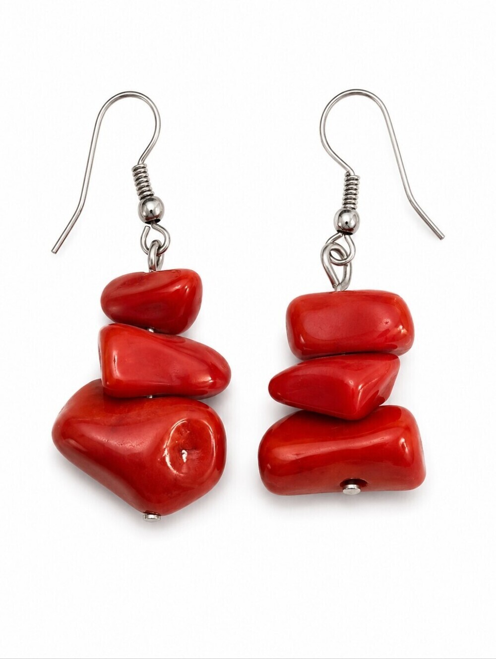 Red Stacked Chunky Coral Beaded Dangle Hook Earrings